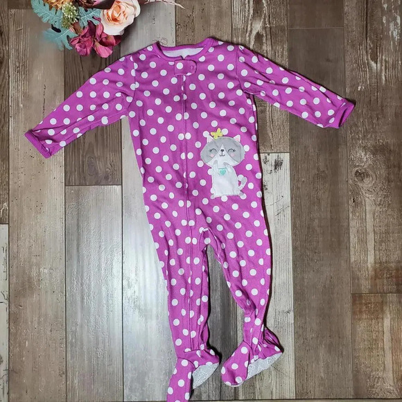 Carter's Toddler Girl Size 2T Purple Polka Dot Cat Footed Fleece Pajamas PJs EUC - Picture 1 of 15